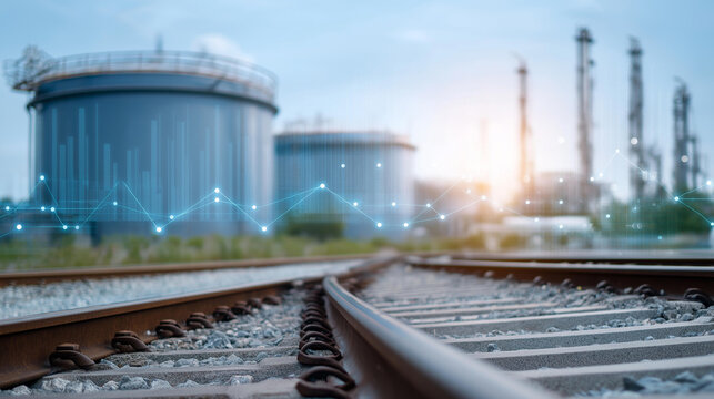 Railway infrastructure adjacent to refinery facility with superimposed data analytics, technology integration concept, industrial logistics, transportation network, digital visuali