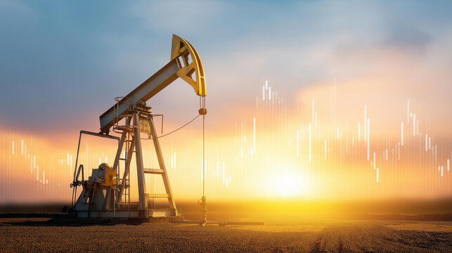 Heavy duty metal pumpjack machinery operating in vast oilfield at golden hour, digital stock exchange graphics superimposed, energy market analysis, crude oil investment concept, e
