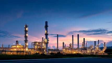 Fototapeta premium Expansive petroleum refinery and petrochemical manufacturing plant with complex equipment at sunset, industrial infrastructure, energy processing operations, large-scale manufactur