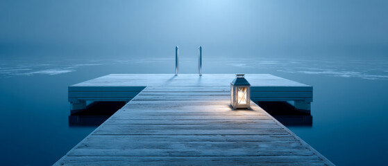 Wooden dock extending into calm water with a glowing lantern placed on the pier during twilight or early morning foggy atmosphere