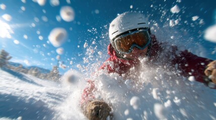 An energetic snowboarder captures an exhilarating moment on the slopes, surrounded by flying snow and bright blue skies, embodying the spirit of winter adventure and fun.