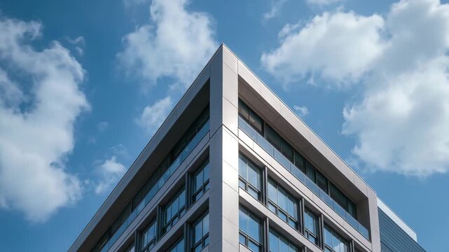 Modern architectural building with sharp edges and a sleek glass facade under a bright blue sky with fluffy clouds showcasing the corner view from various angles throughout the clip