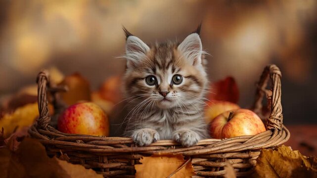 Fluffy brown and cream tabby kitten gazing from a woven basket filled with red apples and autumn leaves surrounded by a warm softly lit fall backdrop featuring bokeh lights