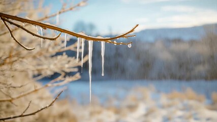 Close-up of icicles hanging from a bare tree branch in a winter landscape surrounded by soft snow-covered ground and distant frost-laden trees under soft blue daylight - Powered by Adobe