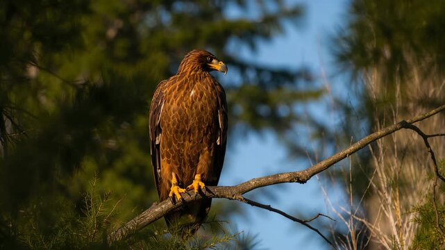 Majestic golden eagle perched on a branch in a lush green forest showcasing detailed feathers and striking colors in soft natural light observed throughout the video duration