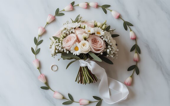 Bridal bouquet flatlay with pale pink roses, ranunculus and daisies tied with satin ribbon, floral garland and ring on marble backdrop, elegant romantic arrangement for wedding invitations and station