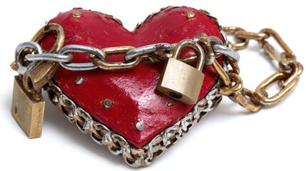 Red heart locked with chain and padlocks