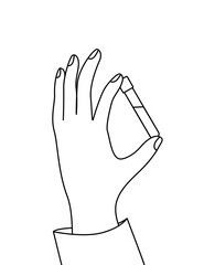 Line drawing of a flask for analysis in the hand of a laboratory assistant. Vector illustration.