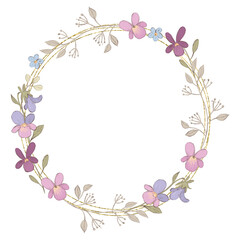 Watercolor flower wreath with gold circle frame.