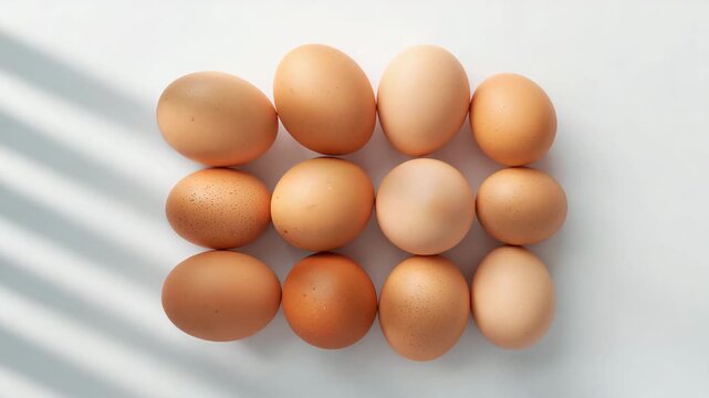 Top-down view of assorted brown eggs arranged neatly in rows on a light surface featuring varying shades of brown under soft natural light with subtle shadows creating interesting textures.