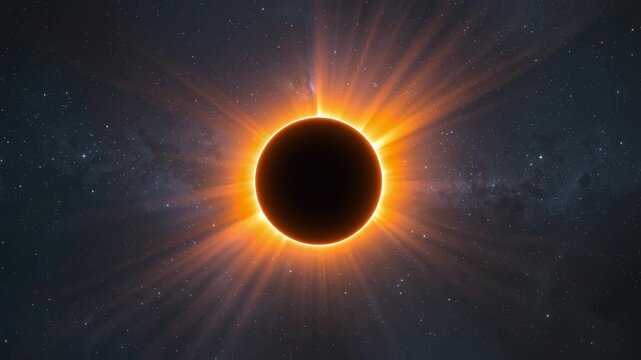 Total solar eclipse view showcasing a darkened sun surrounded by glowing solar corona deep space background with twinkling stars warm colors creating a stunning celestial display
