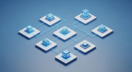 Fototapeta premium Futuristic isometric digital network with interconnected data centers and AI processing nodes, illustrating secure cloud computing, big data, and advanced technology infrastructure