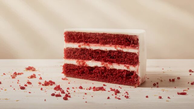 Vibrant red velvet cake with smooth white frosting displayed on a wooden surface showcasing detailed layers with crumbs illuminated by soft natural light creating a warm and inviting atmosphere