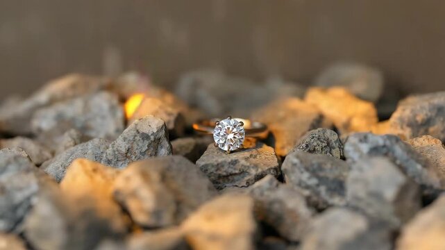 Elegant solitaire diamond engagement ring resting on textured gravel stones captured in soft warm light highlighting the ring's intricate details and sparkling facets during varying illumination.