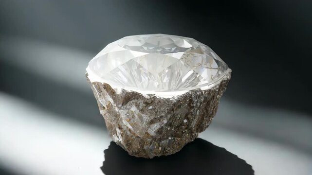 Close-up of a sparkling crystal-like cut gem embedded in rough stone showcasing intricate facets and reflective clarity under dim studio lighting rotating against a dark backdrop for dramatic effect