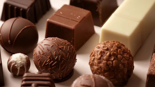 Close-up of assorted gourmet chocolates arranged on a smooth surface showcasing rich dark milk and white varieties with intricate textures and shiny finishes in soft natural lighting