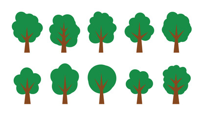 Set of green tree vector illustration nature ecology forest icon. cartoon green trees with brown trunks in flat vector style. Tree collection of Natural forest element icons.