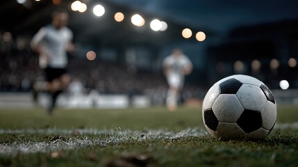 An action-packed moment captured with a soccer ball in focus as players blur past in the background, embodying the thrill and intensity of a competitive sports event.