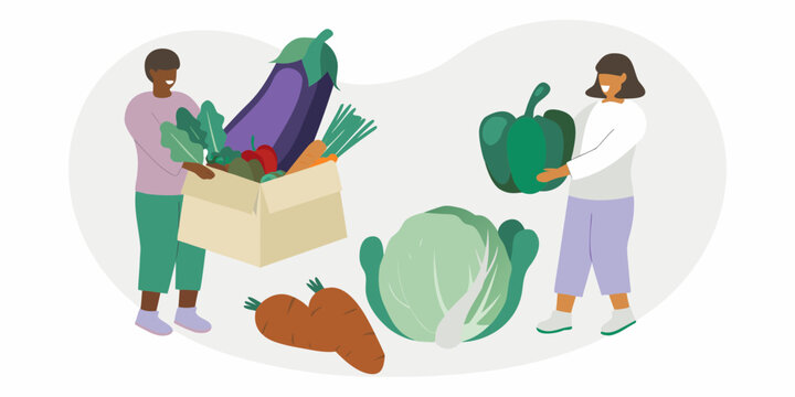 People with fresh vegetables farmers market or community supported agriculture concept