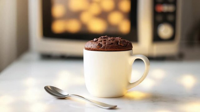 Close-up of a chocolate mug cake with a fluffy texture rising in a white ceramic cup captured under soft natural lighting with a blurred kitchen background showcasing warm hues