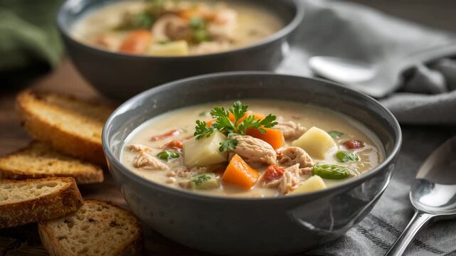 Delicious creamy chicken and vegetable soup served in gray bowls with parsley garnish accompanied by sliced bread on a rustic wooden table with soft natural lighting