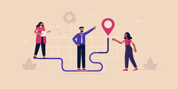 Business team following a path to a destination point strategy and planning