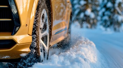 A close-up shot of a car tire navigating through fresh snow, capturing the essence of winter driving and the challenges faced on snowy roads with impressive traction.