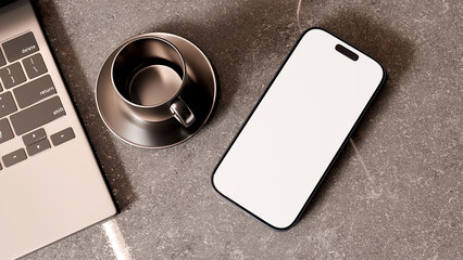 Smartphone mockup with laptop and coffee 3D render