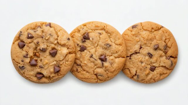 Close-up of three freshly baked chocolate chip cookies arranged in a row on a pale background showcasing textures with warm tones and vibrant chocolate pieces
