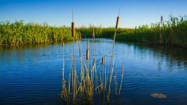 Lush green reeds and cattails reflected in calm blue water under a clear sky showcasing gentle ripples on the water surface amidst a tranquil natural landscape
