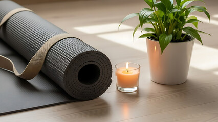 Morning yoga practice setup with mat, candle, and houseplant for wellness and mindful living