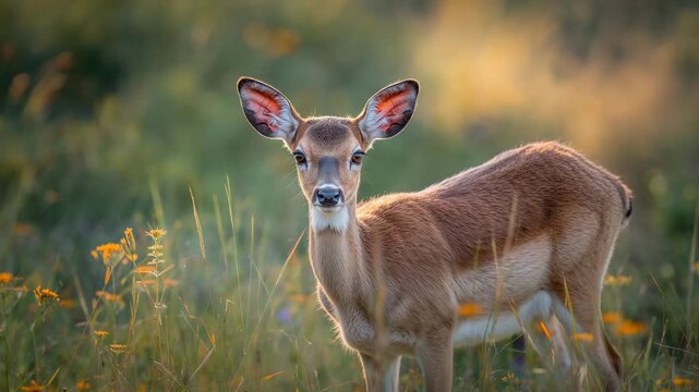 Young antelope standing in a sunlit meadow surrounded by vibrant wildflowers turning its head and gazing with alert ears in a serene outdoor environment.