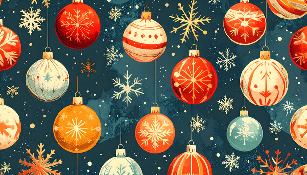 Colorful baubles and snowflakes create festive and retro Christmas vibe, spreading holiday cheer with their funky and groovy design - Powered by Adobe