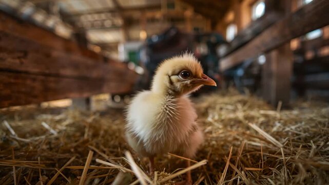 Close-up of a fluffy yellow chick exploring a straw-covered barn environment showcasing its curious movement inside a rustic indoor farm setting illuminated by warm natural light.