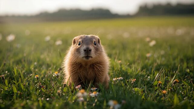 Close-up of a curious marmot sitting on a grassy meadow filled with colorful flowers under soft natural sunlight displaying inquisitive expressions throughout the video sequence