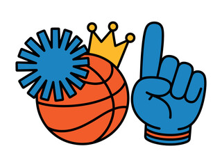 Illustration of a basketball with a crown, pompom, and foam finger icon