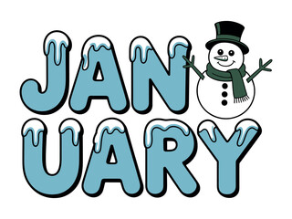 January text with snow accents and a snowman wearing a hat and scarf icon
