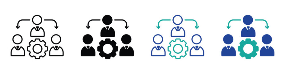 Human Resource Management Icon Set – Teamwork, hierarchy, leadership, and employee network symbols