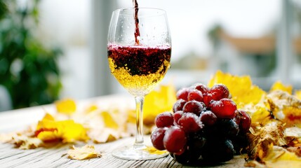 A glass of red wine being poured, surrounded by fresh grapes and vibrant autumn leaves, capturing the essence of harvest season and the joy of shared moments.