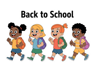 Cartoon illustration of four diverse children walking to school with backpacks
