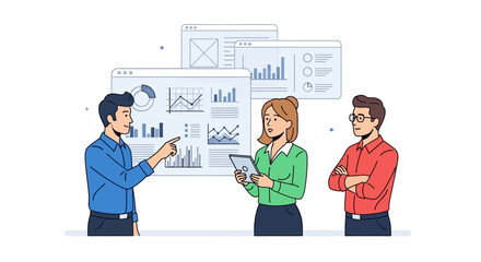 Business Team Reviewing Data Visualization and Analytics Dashboards Presentation