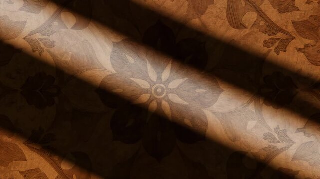 Close-up view of ornate wooden surface with rich textures showcasing intricate flower patterns and changing shadows in warm natural light captured from various angles