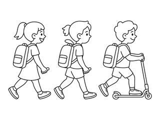 Three children walking and riding a scooter with backpacks in line art