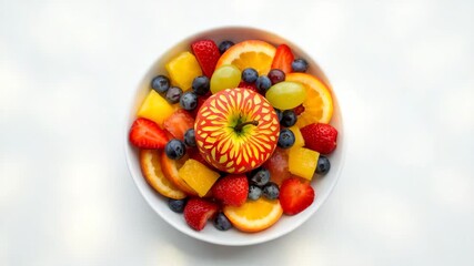 Colorful top-down view of a bowl filled with assorted fresh fruits including strawberries blueberries orange slices and a detailed apple arranged aesthetically on a smooth white background with soft