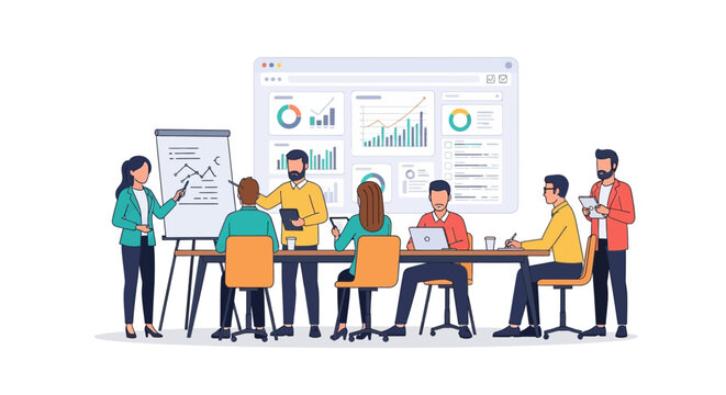Collaborative business meeting with data analysis presentation in a professional setting