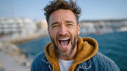 A joyful man with tousled hair smiles widely against a seaside backdrop, embodying happiness and the carefree spirit of summer by the water.