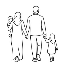 A line drawing of a muslim family walking away holding hands together happily