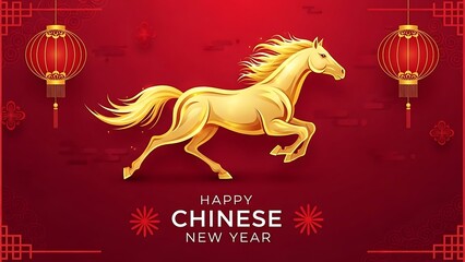 Golden horse galloping with red lanterns celebrating chinese new year festive background