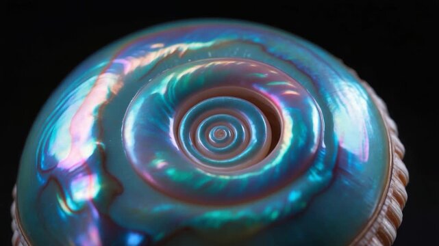 Close-up of an iridescent seashell displaying vibrant swirling colors and intricate patterns with soft light reflections against a dark background showcasing the unique textures and design details
