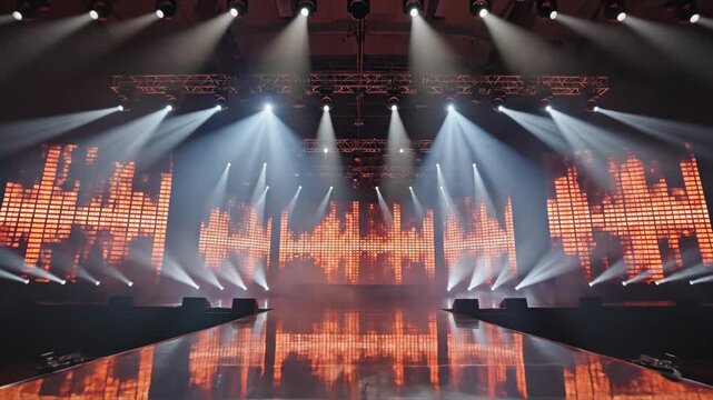 Dynamic stage lights illuminate a vibrant performance space with electrifying energy. capturing the essence of modern music events and concert atmosphere.